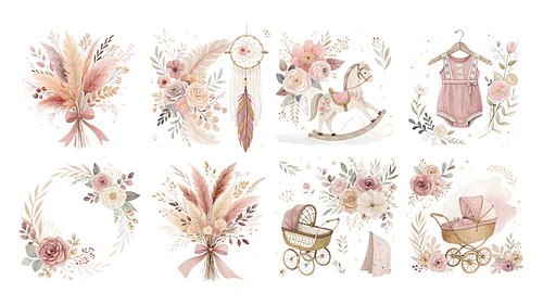 Boho Watercolor Clipart PNG Set for Nursery & Floral