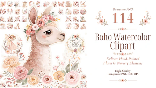 Boho Watercolor Clipart PNG Set for Nursery & Floral