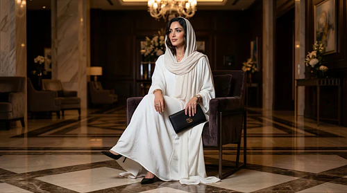 Graceful GCC Woman Radiates Elegance in Traditional Attire Within a Sophisticated Midnight Lobby