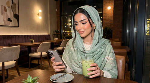 Modern GCC Woman Matcha Café Lifestyle – Soft Hijab & Everyday Luxury Moments (2026)