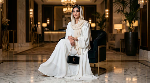 Graceful GCC Woman Dressed in Stunning White Ensemble