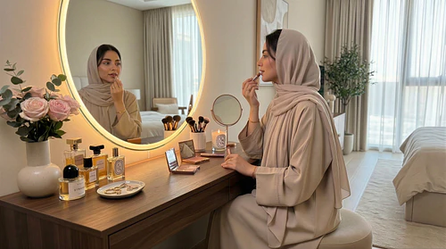 Modern GCC Woman Beauty Ritual – Luxury Vanity, Soft Hijab & Self-Care Lifestyle