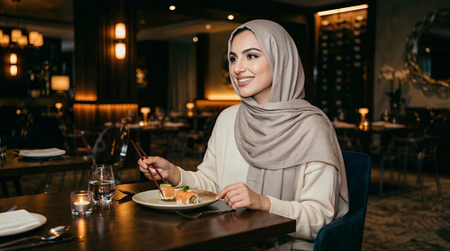 Elegant GCC Woman Dining Experience – Luxury Restaurant Lifestyle & Modern Hijab Fashion (2026)