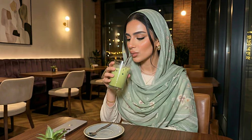 Modern GCC Woman Matcha Café Lifestyle – Soft Hijab & Everyday Luxury Moments (2026)