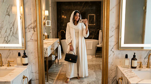 Confident GCC Woman Capturing Her Reflection in a Mirror Selfie