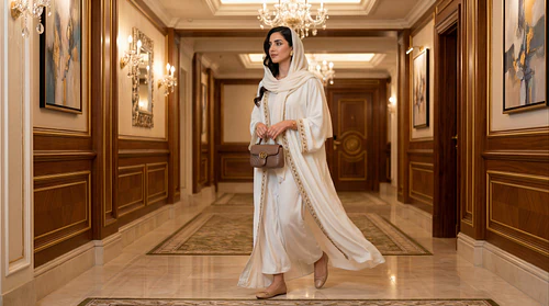 Elegant GCC Woman Strolling Through Luxurious Hotel Hallway
