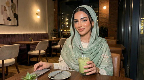 Modern GCC Woman Matcha Café Lifestyle – Soft Hijab & Everyday Luxury Moments (2026)