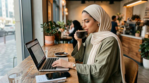 Modern GCC Woman Working Remotely in Stylish Café | Laptop & Coffee Lifestyle