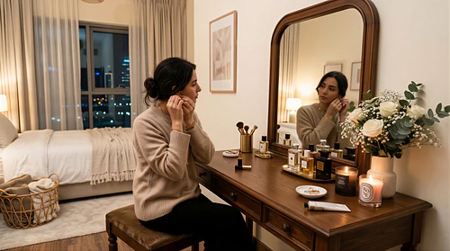 Elegant Evening Beauty Ritual at a Luxe Bedroom Vanity