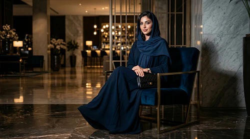 Grace and Style: A Contemporary GCC Woman Exuding Elegance in a Modern Midnight Lobby